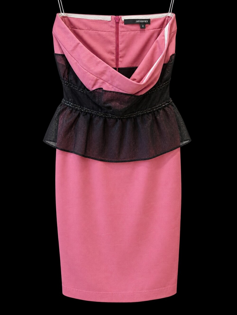 JAYGODFREY Pink Strapless Peplum Dress with Black Lace Overlay At Waist